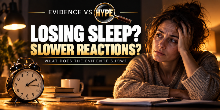 Evidence vs Hype artwork showing a tired adult at a desk and an unbranded alarm clock, asking whether sleep loss slows reactions; no driving scene.