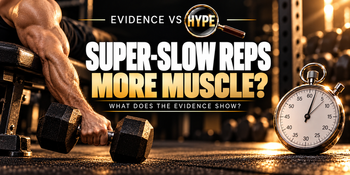 Evidence vs Hype editorial illustration of a dumbbell being lowered under control beside a simple analogue stopwatch.
