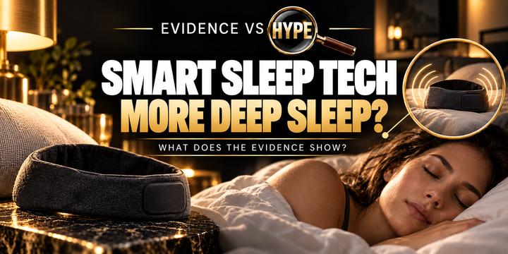 Evidence vs Hype: a sleeping adult and an unbranded sleep headband, with abstract sound arcs in a gold-ring inset. Conceptual acoustic-stimulation artwork.