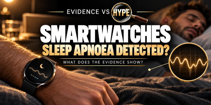 Black-and-gold Evidence vs Hype artwork showing an unbranded smartwatch beside a sleeping adult; asks whether watches detect sleep apnoea.