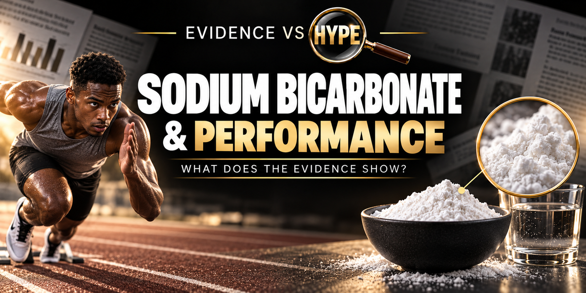 Track sprinter, bicarbonate powder and water in the black, white and gold Evidence vs Hype featured image.