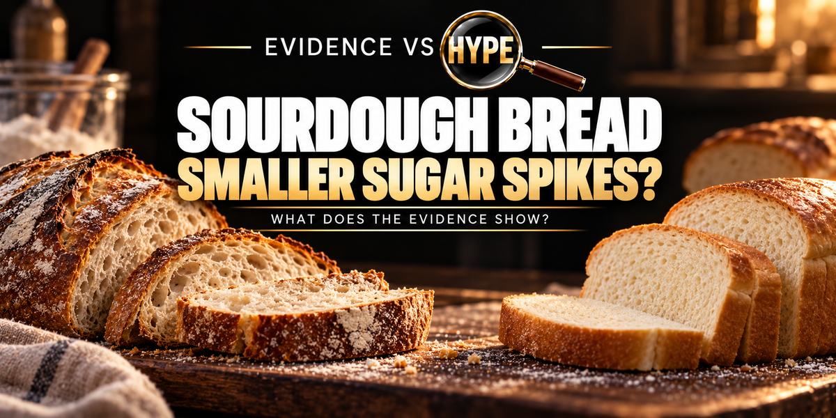 Evidence vs Hype editorial still life of a sliced sourdough loaf beside a plain yeast loaf, without a fabricated glucose chart.
