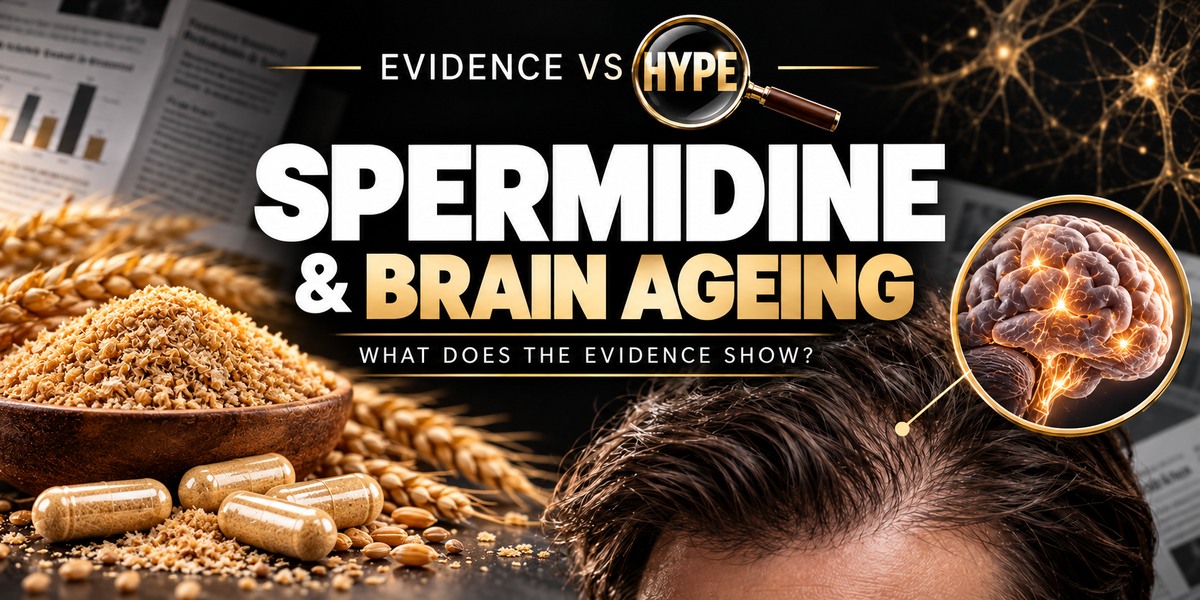 Evidence vs Hype: wheat germ and unbranded supplement capsules with a conceptual brain inset. Conceptual artwork for the investigation.