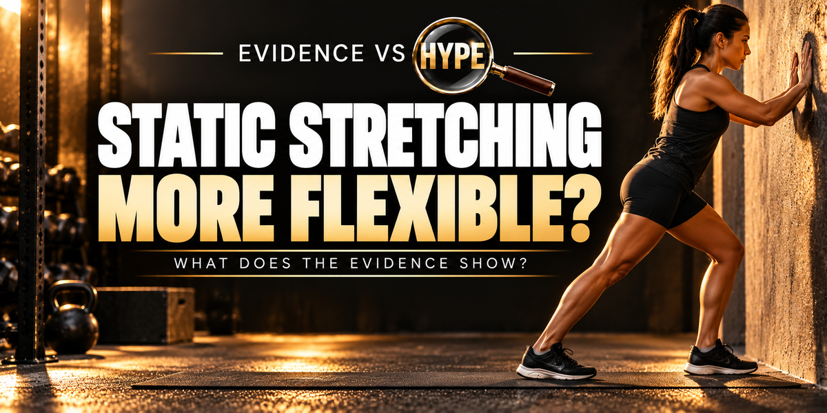 Evidence vs Hype artwork showing an adult performing a standing calf stretch, asking whether static stretching improves flexibility.