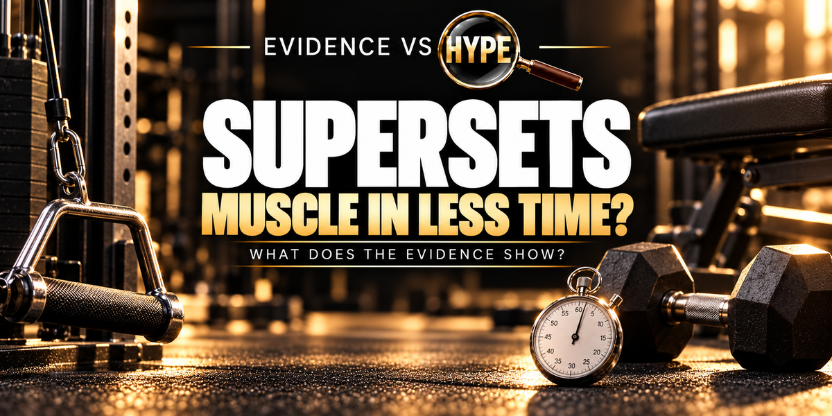 Evidence vs Hype editorial still life of two different resistance-training stations beside a stopwatch, illustrating paired exercises.
