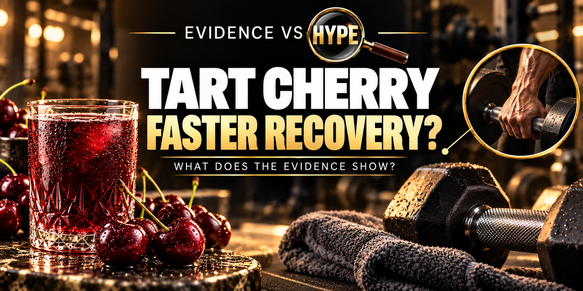Evidence vs Hype: tart cherries and cherry juice beside a dumbbell and workout towel, with a strength-training grip inset. Conceptual recovery artwork.