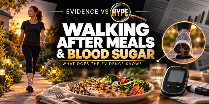 Walking outdoors after a meal and glucose meter in the black, white and gold Evidence vs Hype featured image.