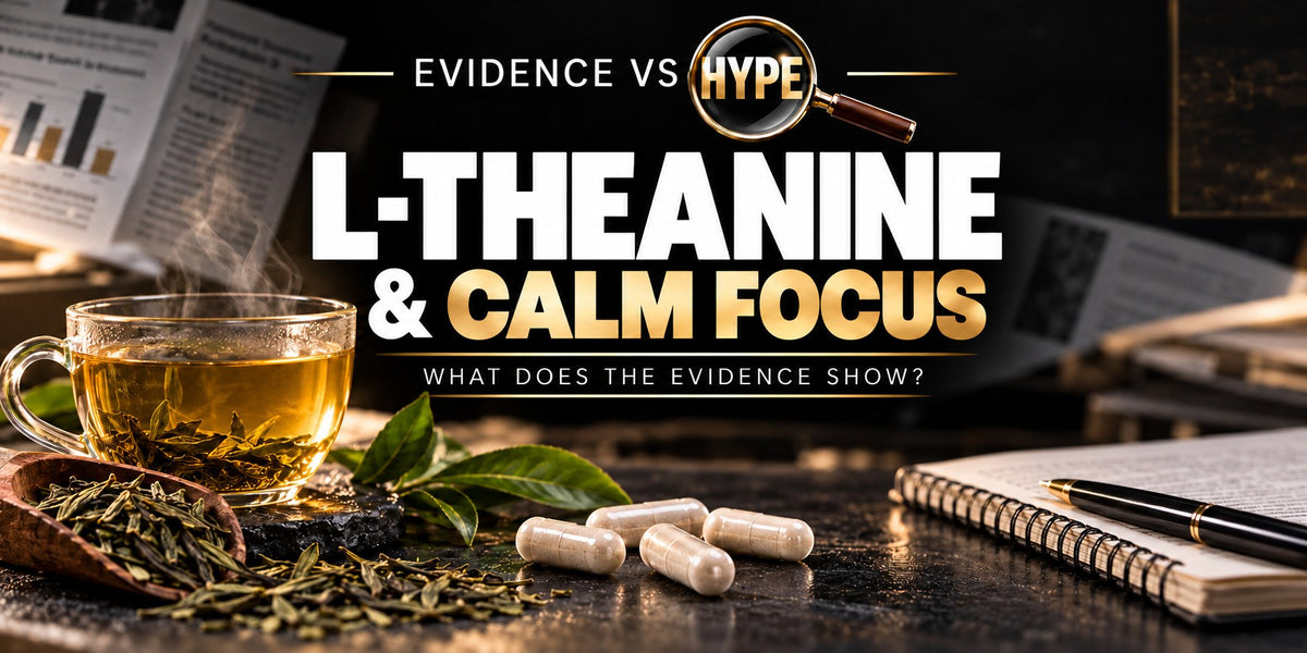 Evidence vs Hype L-theanine and calm focus investigation with tea, leaves, capsules and notebook