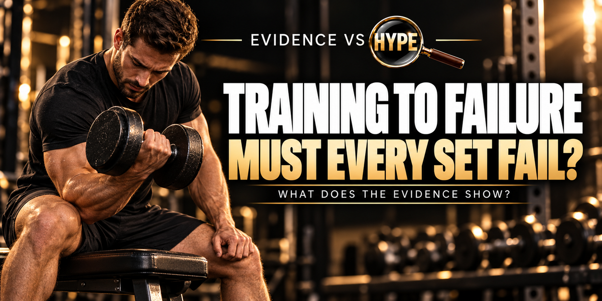 Evidence vs Hype editorial illustration of a lifter pausing a dumbbell set with controlled form, asking if every set must reach failure.