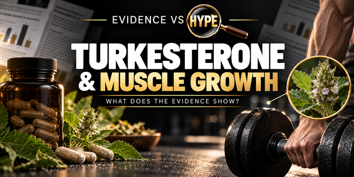 Unbranded turkesterone supplement and weight training imagery in the black, white and gold Evidence vs Hype featured image.