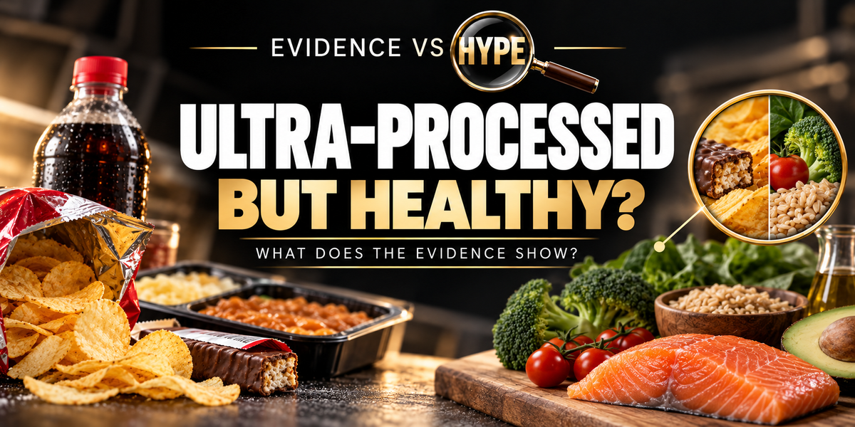 Evidence vs Hype: contrasting ordinary packaged foods with minimally processed meal ingredients, no brand labels. Conceptual artwork for the investigation.
