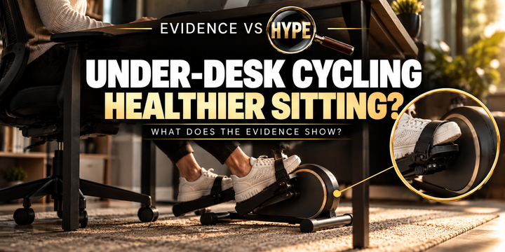 Evidence vs Hype: feet using a compact pedal exerciser beneath an office desk, with a gold-ring pedal inset. Conceptual desk-cycling artwork.