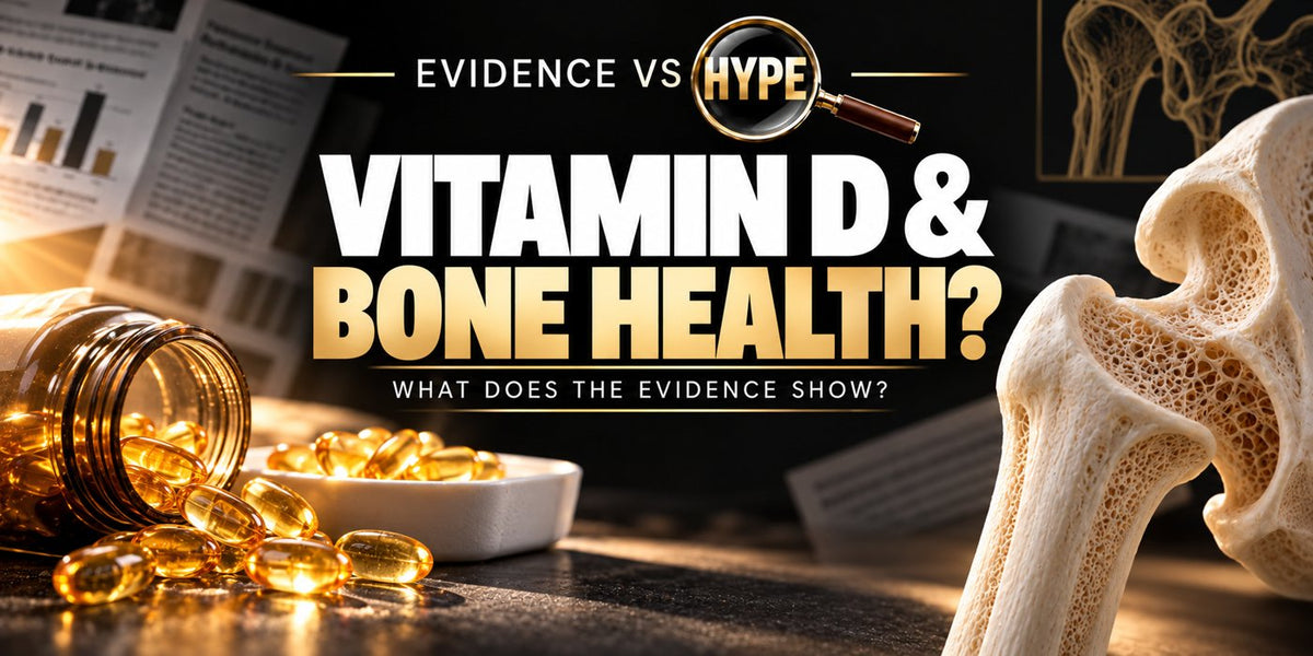 Evidence vs Hype investigation cover: unbranded vitamin D softgels and an anatomical bone model, titled Vitamin D and Bone Health?