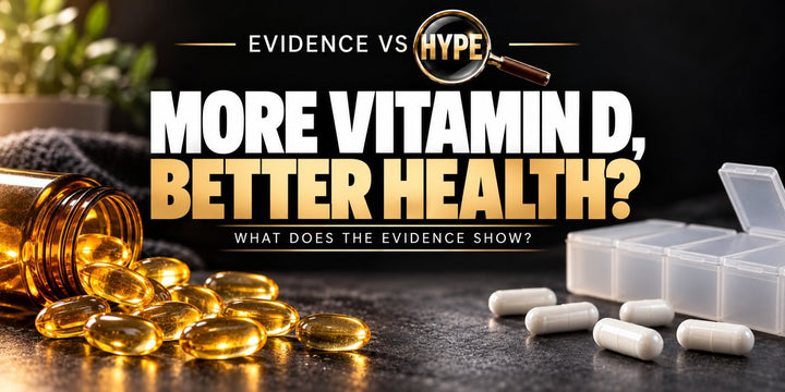 Evidence vs Hype investigation cover: vitamin D softgels, capsules and a medication organiser, titled More Vitamin D, Better Health?