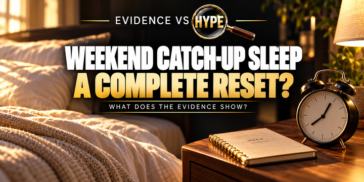 Evidence vs Hype editorial illustration of a weekend alarm clock beside a restful bed and a subtle weekly calendar.