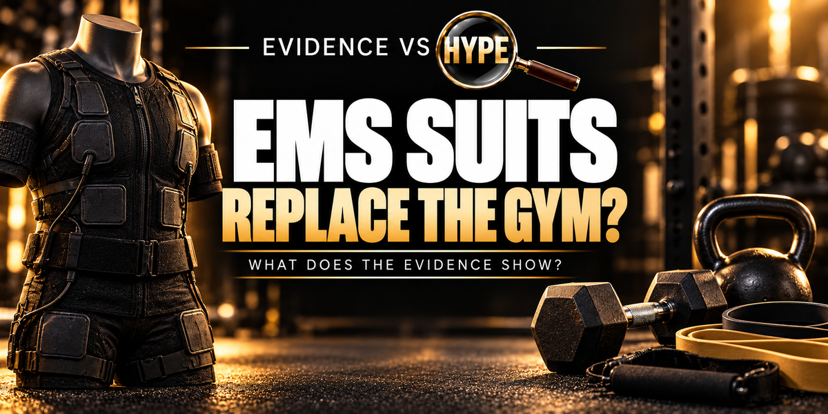 Evidence vs Hype editorial illustration of an unbranded electrical stimulation suit alongside conventional training equipment.