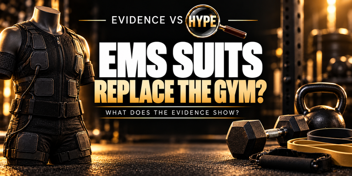 Evidence vs Hype editorial illustration of an unbranded electrical stimulation suit alongside conventional training equipment.