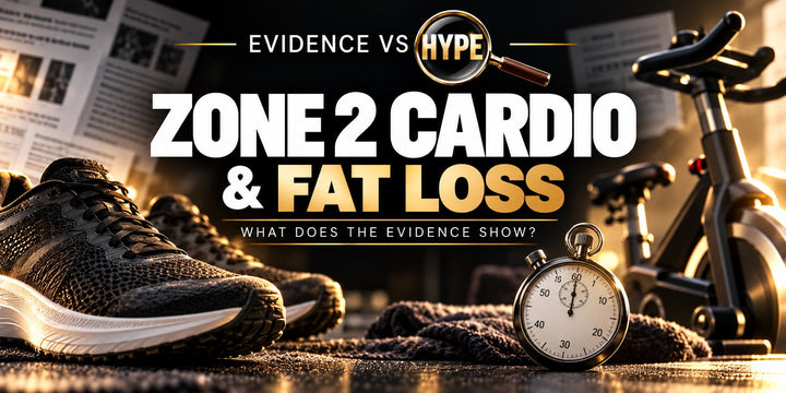 Evidence vs Hype Zone 2 cardio and fat loss investigation with running shoes and exercise bicycle